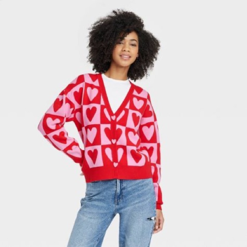 Heart Postage Stamp Graphic Cardigan Target Red Valentine’s Day